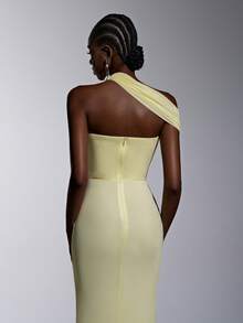Elitara Elegant Luxurious Light Yellow Elastic Knit Patchwork Mesh, Asymmetric Collar Lapel With Pleated Fishbone Fitted Bridesmaid Dress - Yellow - View 7