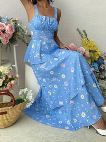 SHEIN Raffinéa Đầm dài hai dây, xếp tầng, họa tiết hoa, dành cho nữ, thích hợp cho kỳ nghỉ hè. - Nhiều màu - Xem 7