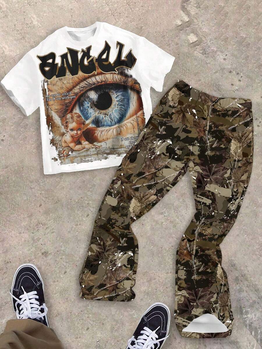 2pcs/Set Tween Boy Crew Neck T-Shirt And Flare Pants, Casual Summer Outfit With Classic Cool Street Graphic Print, Y2K Style - Multicolor - View 1