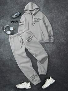 Claim Dot 2pcs Men's Minimalist Printed Hoodie And Pants Set - Light Grey - View 2