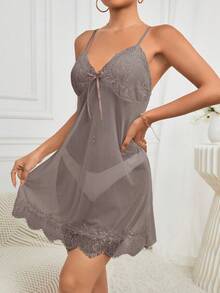 女士舒适吊带睡裙睡袍套装 - 棕色 - 查看 3