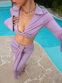 NOVVYNE Women's Midriff-Baring 2 Pieces Set, Purple V-Neck Twist Top With Ruffle Mermaid Maxi Skirt - Purple - View 5