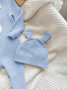 SHEIN Newborn Baby Girl Cute Cartoon Bear Romper & Hat Set, Autumn/Winter