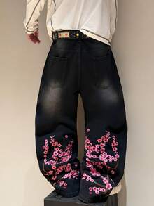 STEELVANCE 男士街头复古时尚小众百搭设计樱花刺绣宽松阔腿牛仔裤 - 黑色 - 查看 1