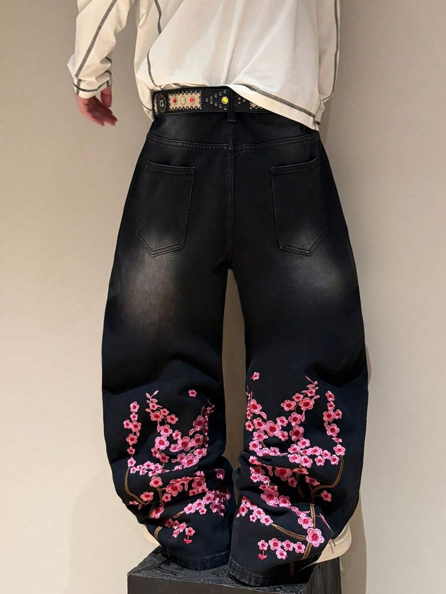 STEELVANCE 男士街头复古时尚小众百搭设计樱花刺绣宽松阔腿牛仔裤 - 黑色 - 查看 1