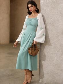 Rafferiza Đầm maxi nữ cổ vuông tay dài phối nơ, thích hợp cho hẹn hò, đi làm, du lịch, mặc hàng ngày, phong cách thanh lịch thường ngày, màu xanh lá cây, mùa xuân, dã ngoại. - Màu xanh Bạc hà - Xem 3