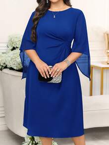 Reflora Vestido de línea A con cintura ceñida, mangas con volantes y unicolor elegante para mujer de talla grande - azul real - Ver 8