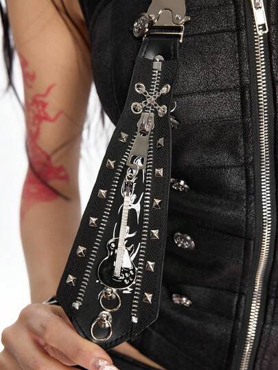 ROMWE Goth 1pc Black Vintage Punk Rock Metal Rivet Ring Zipper Decor Guitar Spike Print Adjustable Width Necktie, Fashion Versatile Unisex Accessory Suitable For Daily, Party, Gathering, Shopping And More