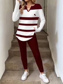 EMERY ROSE Bộ đồ 2 món cỡ lớn mùa xuân/thu: áo thun và quần legging kẻ sọc tương phản, kiểu dáng thường ngày. - Màu Đỏ Sâu - Xem 4