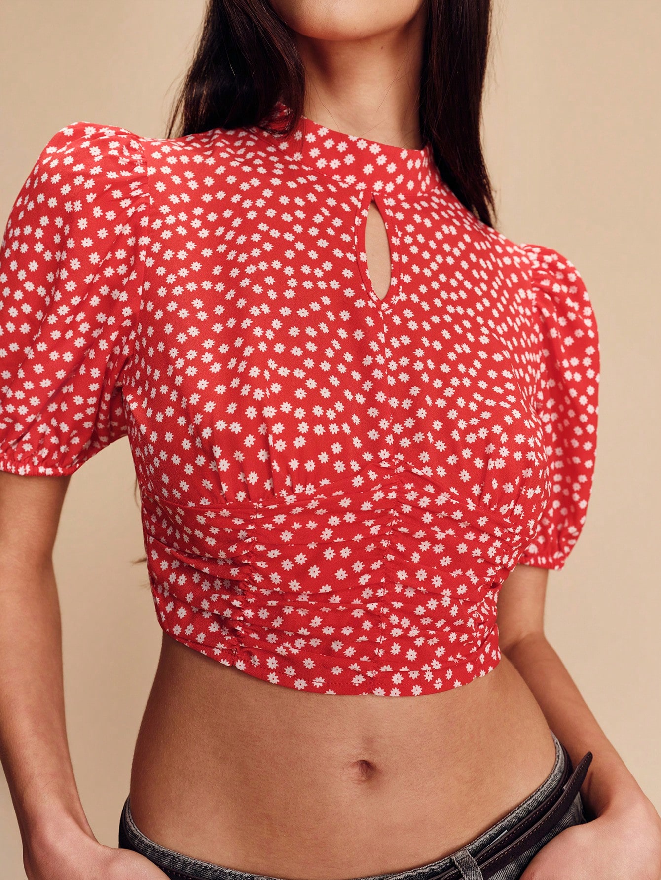 Red Mini Vintage Floral Print Blouse With Puff Short Sleeves And Tie Back Bow Detail French Style Parisian Style Ditsy Floral Top Cropped Tops Crops Top Shirts For Woman Cropped Blouse