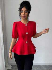 Selianne Women's Elegant Red Summer Party Blouse, Ruffled Collar A-Line Decorated Lantern Sleeve Short Top,Casual Commuting,Vacation,Valentine's Day - Red - View 7