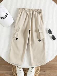 男童休闲时尚街头通勤字母贴布翻盖口袋工装裤，夏季宽松工装裤，Y2K风格 - 卡其色 - 查看 2