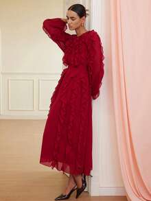 Aveloria Rosie Đầm dài tay màu đỏ trơn sang trọng kiểu châu Âu, chất liệu chiffon cao cấp, xếp lớp, cổ bèo nhún, eo thắt, dành cho nữ. - Màu Đỏ Sâu - Xem 5