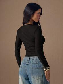 SHEIN BAE Women's Casual Solid Color Pleated Slim Fit Long Sleeve T-Shirt, Autumn - Black - View 2