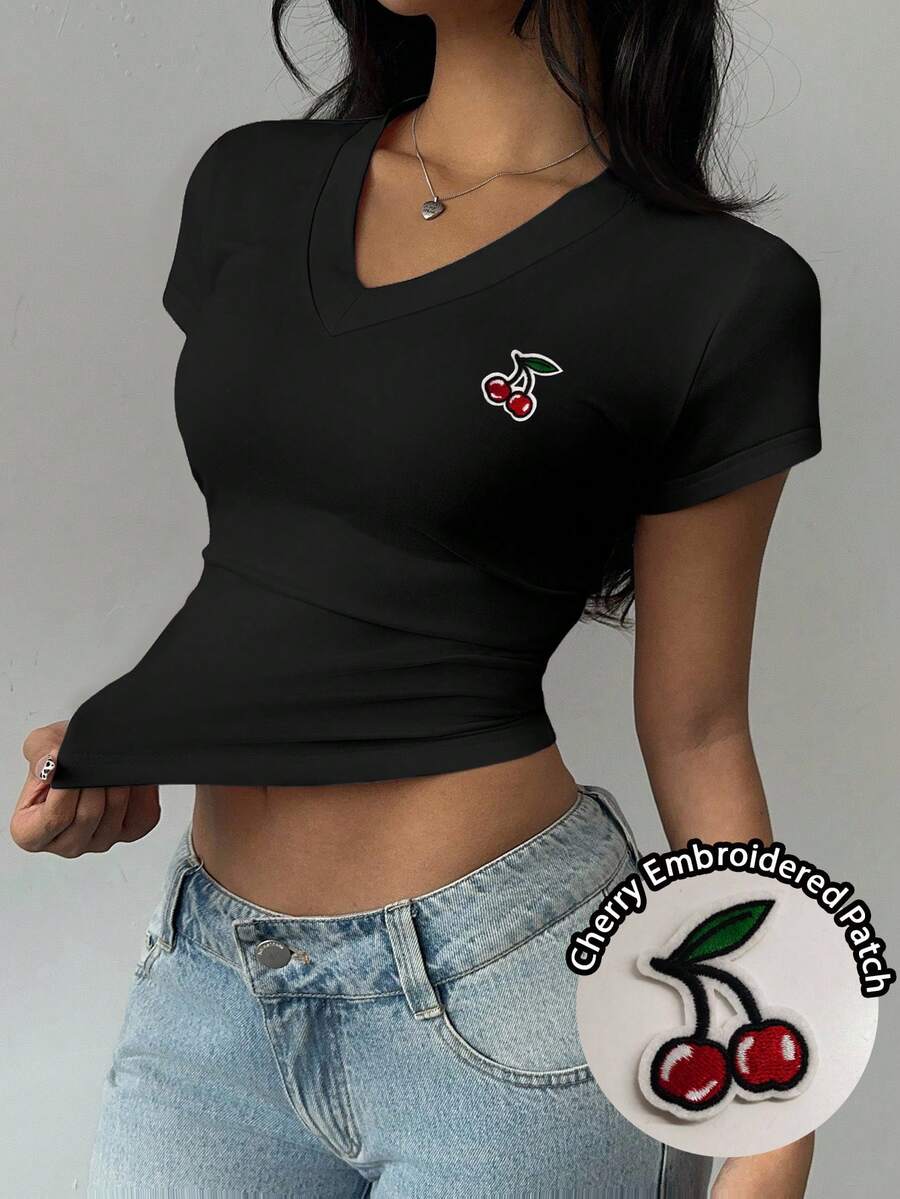 SHEIN BASICS Women's Casual V-Neck Ruched T-Shirt, Suitable For Summer