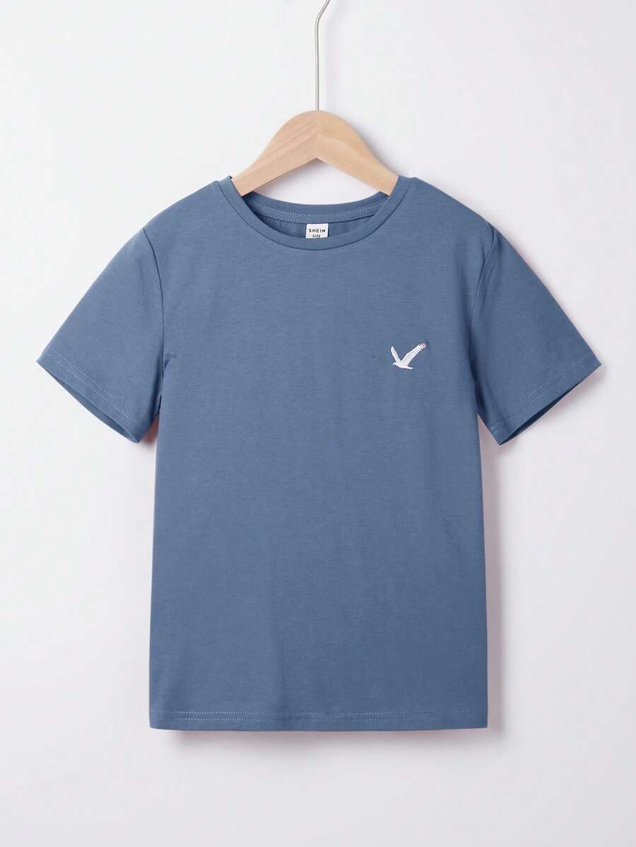 Tween Boys' Casual Versatile Bird Embroidery Short Sleeve T-Shirt, Summer - Dusty Blue - View 1