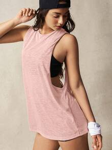 VARSIVA Áo thun cổ chữ V tay ngắn dáng rộng khoét lưng - Hồng - Xem 2