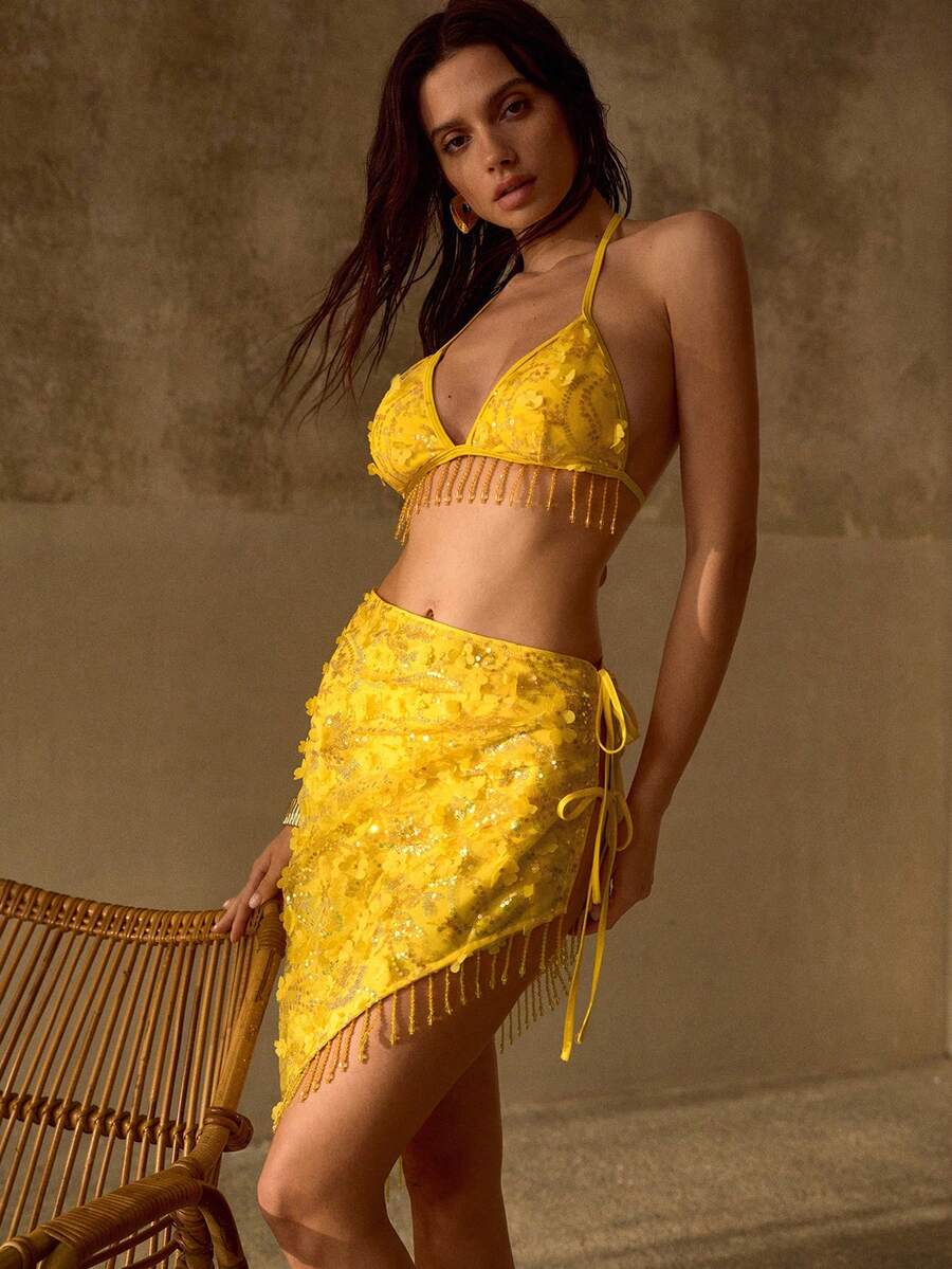 MOTF PREMIUM SEQUIN EMBROIDERED FLORAL APPLIQUES TASSEL TIE WAIST BOHEMIAN SARONG SKIRT - Yellow - View 1