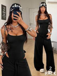 Coolane 女士夏季音乐会穿搭街头风 Y2K 极简休闲做旧水洗无袖连体衣和宽松低腰裤两件套 - 黑色 - 查看 3