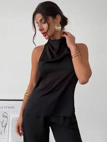 SHEIN PETITE CURVE 大码优雅纯色露背吊带露背系带上衣，夏季，露背吊带衫，露背上衣，黑色吊带背心，女士夏季装，情人节女士装，狂欢节女士服装，派对，婚礼及活动，优雅女士衬衫，黑色衬衫 - 黑色 - 查看 7