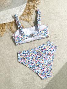 少女夏季沙滩装套装，随机碎花印花。 - 藍色 - 查看 2