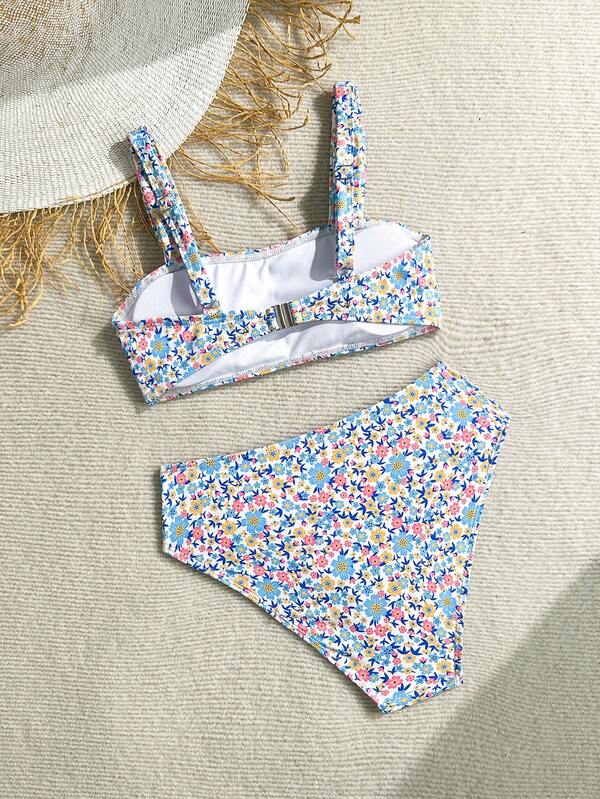Ensemble de maillot de bain tankini à imprimé floral aléatoire pour adolescentes, tenue de plage pour l'été