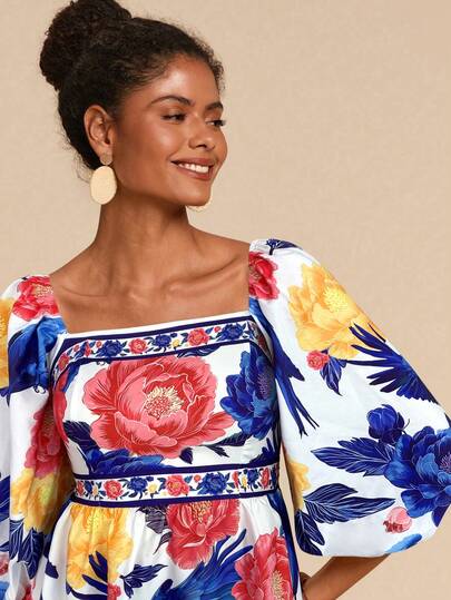 Travachic Women's Colorful Floral Print Square Neck Mini Dress,Vacation Casual Terno Outfit For Women,Summer Holiday Outfits,Spring Break Outfits,Party Outfit,Beach Outfit,Spring Clothing,Valentine's Day,Valentine Outfits For Women,Carnival Costume,Elegant,Floral,Carnival,Spring To Summer ,Party ,Summer Dress,Valentine's Day Dress,Wedding Guest Dress For Women,Birthday Dress,Party Dress,Elegant Dresses For Women,Floral Dress,Summer Dress,Carnival Costume, Mexican Style Dress Women Boho Dress For Women