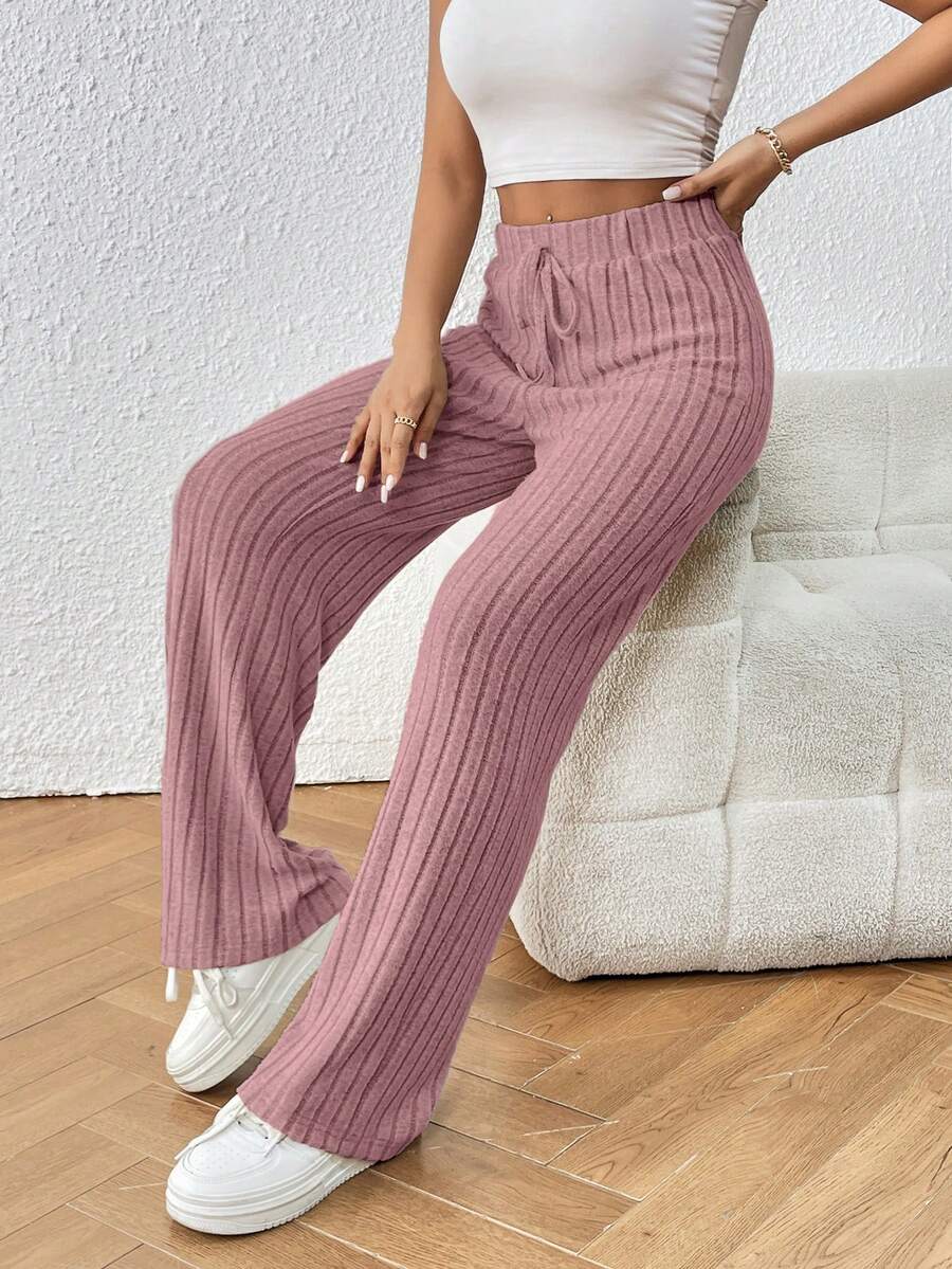 SHEIN Frenchy Quần ống rộng bằng vải dệt kim gân sọc, buộc dây phía trước, chất liệu vải sần. - Bụi hồng - Xem 1
