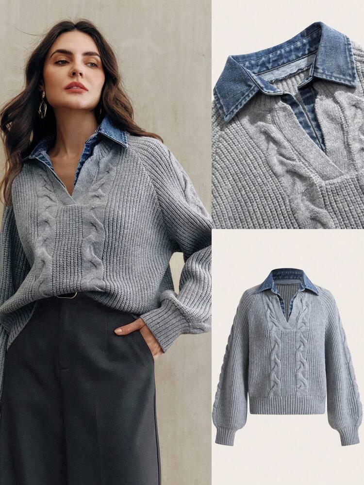 Women's Modern Gray Knit Polo Neck Pullover Sweater