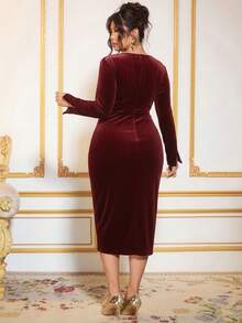 Cravure Plus Size Elegant Solid Color Wrap Dress, Suitable For Commuting - Burgundy - View 2