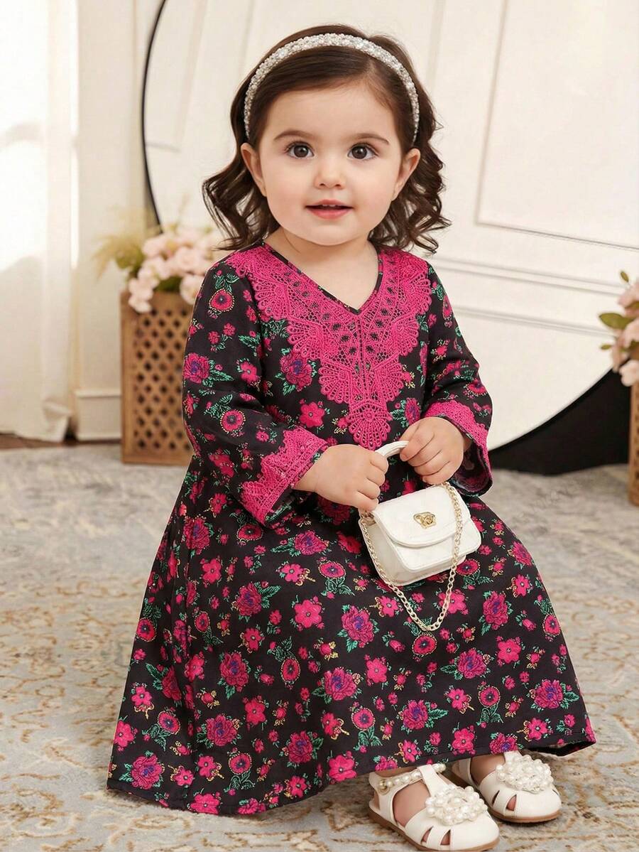 SHEIN Baby Mädchen Ditsy Blumen V-Ausschnitt Locker Lässig Kleid - Verschiedenfarbig - Übersicht 1
