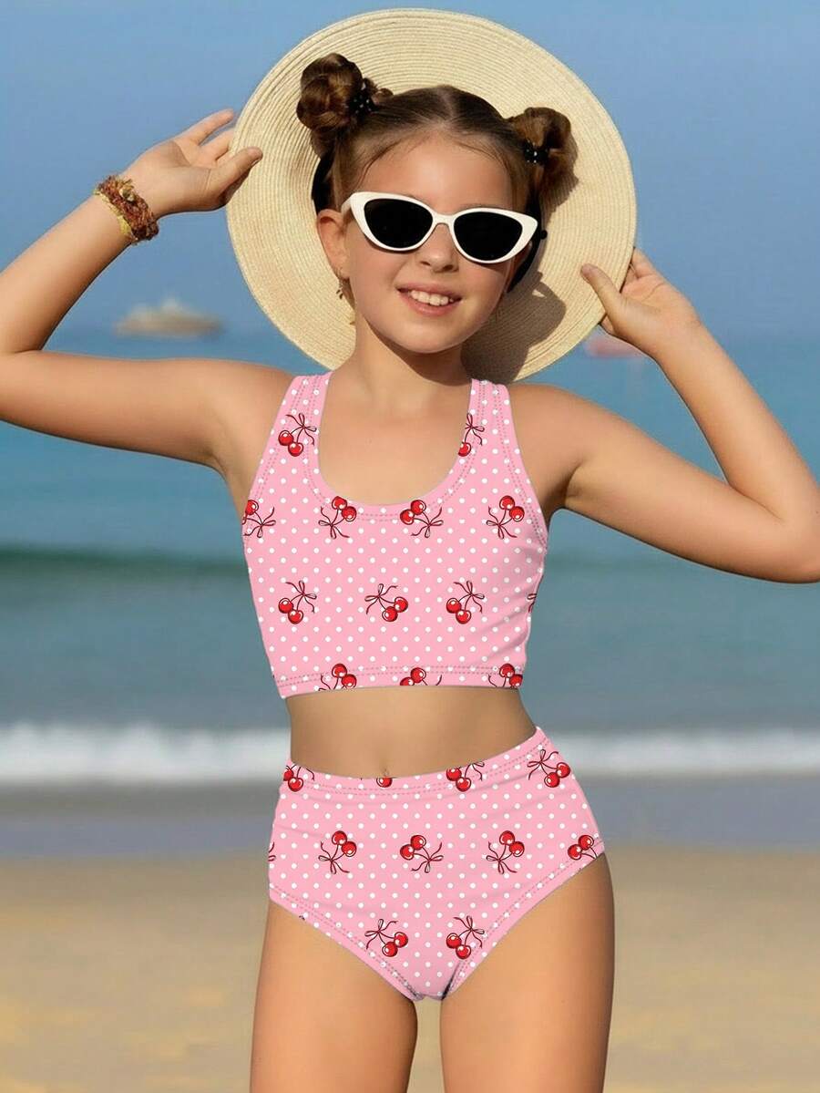 SHEIN Tween Girls' Cherry Polka Dot Print Bikini Set, Beach Vacation Style Kids Bikini Set High Waist Two Piece Tween Vacay Tween Strawberry Swimsuit Strawberry Bathing Suit 13 Year Old Bikini Tween Girl Swimsuit Two Piece