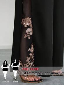 SHEIN Tall CURVE 大码女式优雅高腰亮片网纱拼接阔腿宽松裤，适合派对穿着 - 黑色 - 查看 2