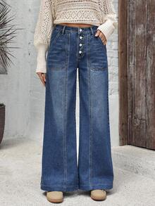 SHEIN Tall Jeans anchos de pierna ancha con bolsillos en diagonal y botones, de uso casual y para ir al trabajo, para mujer - Azul lavado oscuro - Ver 10