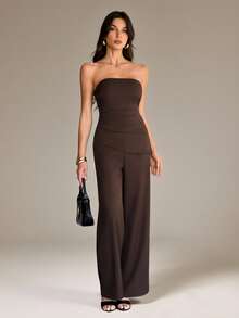 SHEIN Tall Women's Casual Sleeveless Top And Pants Suit Set, Summer In Fall/Winter Brown Two Piece Set Strapless Jumpsuit Brown Jumpsuit Dark Brown Top Chocolate Brown Top Brown Strapless Top Strapless Top And Pants Set Dark Brown Two Piece Set Chocolate Brown Outfit Wide Leg Brown Pants - Brown - View 1