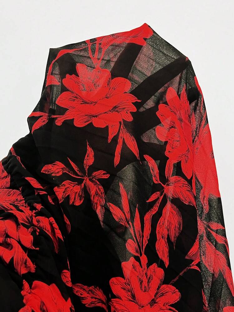 Plus Size V-Neck Long Lantern Sleeve Cinched Waist Floral Print Dress,Flower/Summer/Spring/Vacation Plus Size Floral Dress Long Sleeve Dresses Curvy  Elegant Dress Women  Floral Dress