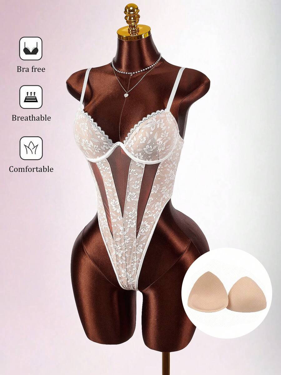 Amplova Elegant White Semi Sheer Cami Bodysuit With Intricate Lace Details - White - View 1