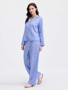 Loungeista 女士宽松舒适透气条纹长袖上衣和裤子两件套家居服，冬季服装 - 霧霾藍 - 查看 5