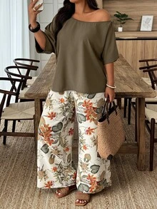 Weeklong Plus Size 2-Piece Set: Solid Color Asymmetrical Shoulder Top & Random Print Casual Pants, Vacation Style Fall - Multicolor - View 6