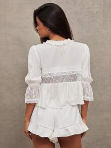 WESTFADE Lace Trim Crepe Puff Sleeve Ruffle V Neck Button Front Tie Bed Jacket Top - White - View 2