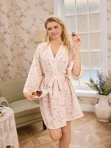 SHEIN Romantic Ditsy Floral Long Sleeve Robe, Spring/Autumn - Apricot - View 3