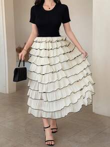 DAZY 女士优雅撞色荷叶边中长连衣裙，夏季婚礼宾客礼服 - 黑色 - 查看 4