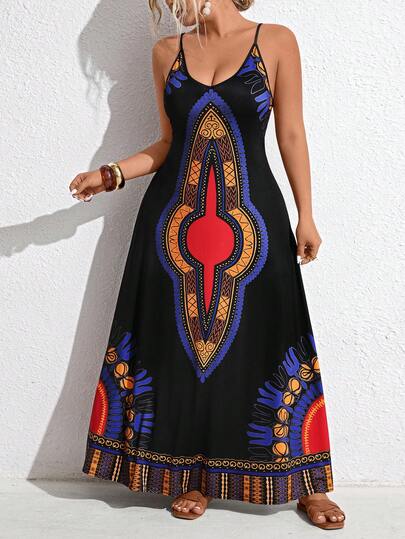 Breezaya Yeni Büyük Beden Kadın Retro Baskılı İnce Askılı Maksi Elbise, Batı Tarzı İnce Askılı Maksi Elbise, Plaj Tatili Maksi Elbisesi, Kolsuz V Yaka İnce Askılı Yazlık Maksi Elbise, Günlük Geziler İçin Kişiye Özel Zayıflatıcı Uzun Elbise