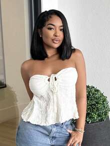 Alexandranx Women's Solid Color Cold Shoulder Tie-Front Ruffled Textured Top,Concert Women / Rave Festival / Country Concert ,Summer - Apricot - View 6