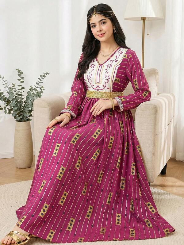 SHEIN Floral Patchwork Gold Ribbon Trim Casual Vacation Long Sleeve Dress For Teen Girls