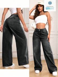 SHEIN PETITE Quần jeans ống đứng dáng thường ngày cho nữ, kiểu dáng wash. - màu đen - Xem 5