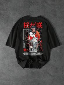 GENIUS ODE 男士休闲时尚街头风日系字符樱花字母印花宽松黑色短袖T恤，夏季