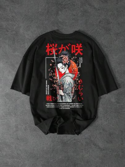 GENIUS ODE 男士休闲时尚街头风日系字符樱花字母印花宽松黑色短袖T恤，夏季