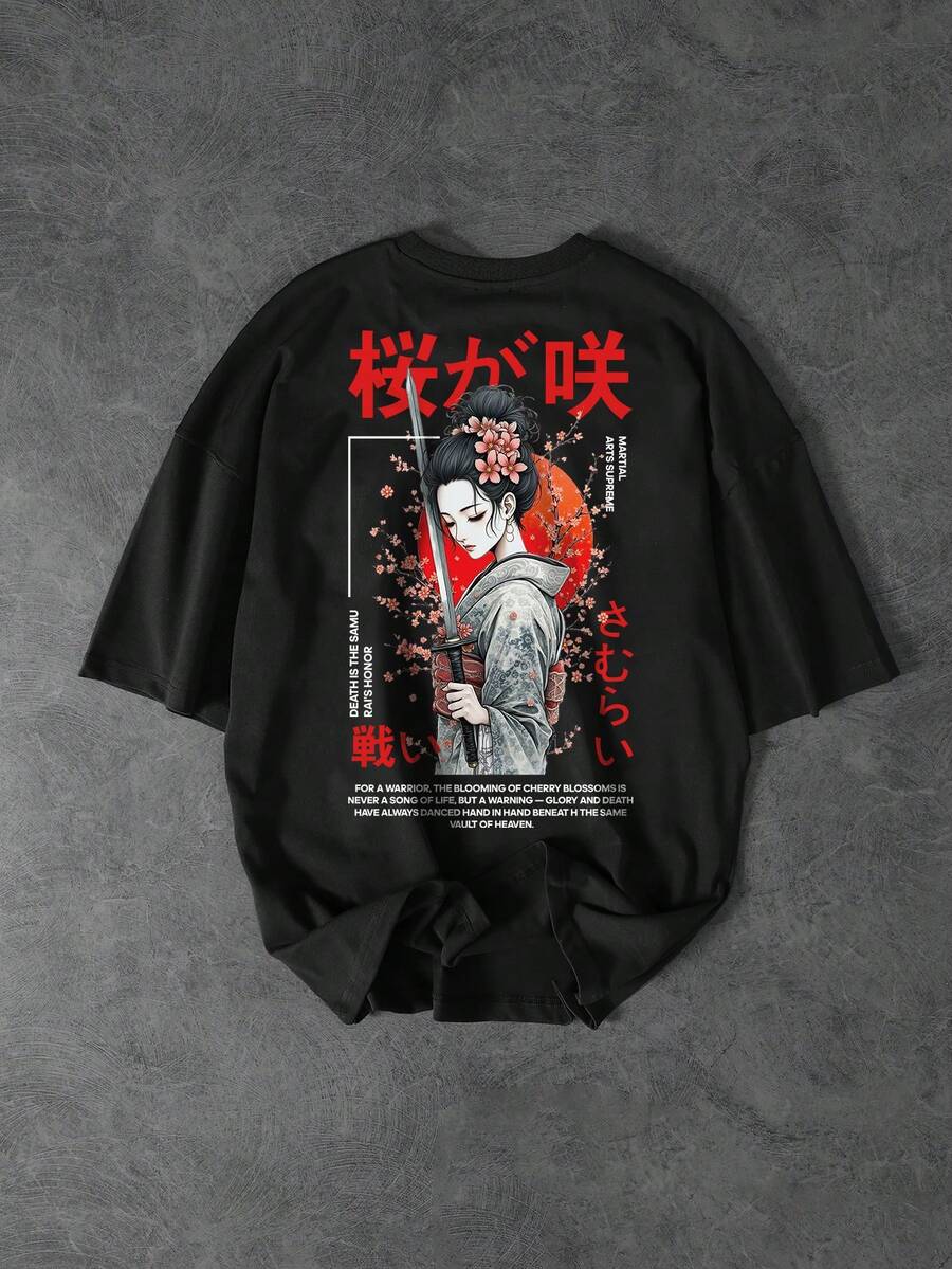 GENIUS ODE 男士休闲时尚街头风日系字符樱花字母印花宽松黑色短袖T恤，夏季