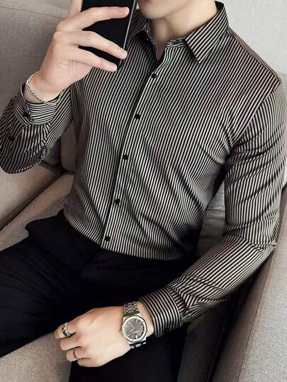 Camisa de manga larga con rayas estampadas, de estilo casual elegante para hombres, para el otoño
